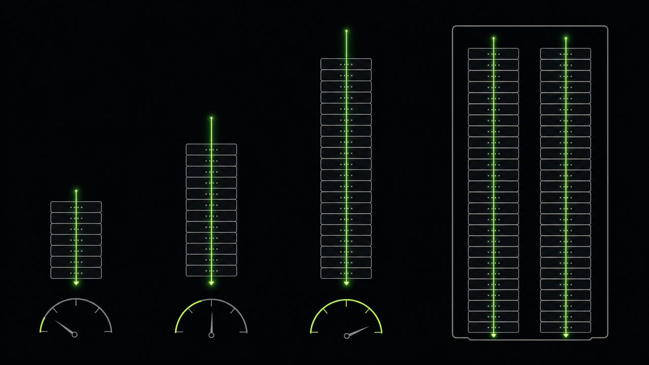 Three context windows grow from modest to near one million tokens; RAM usage rises, and two simultaneous one-million windows approach the host memory ceiling
