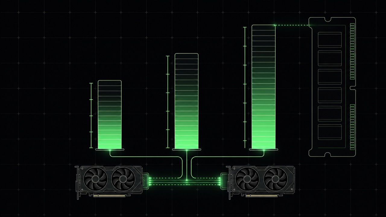 Three context windows rising over a pair of GPUs