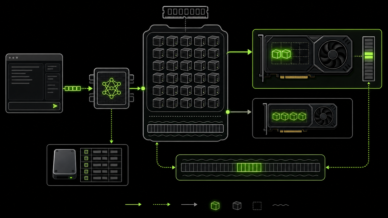 Conceptual map of the local application, model engine, RAM, GPUs, SSD lookup table and streaming cache