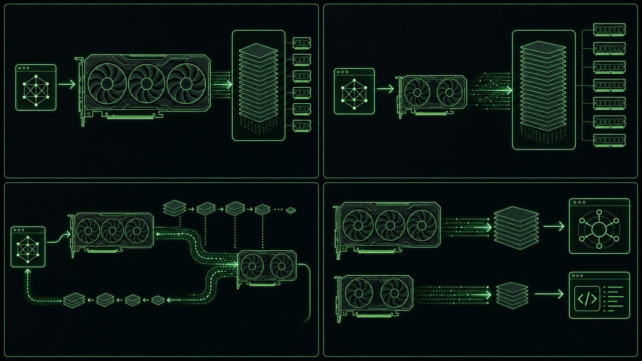Four conceptual deployment paths: 5090 alone, 4070 Ti alone, one model split across both, and independent main and Coder services