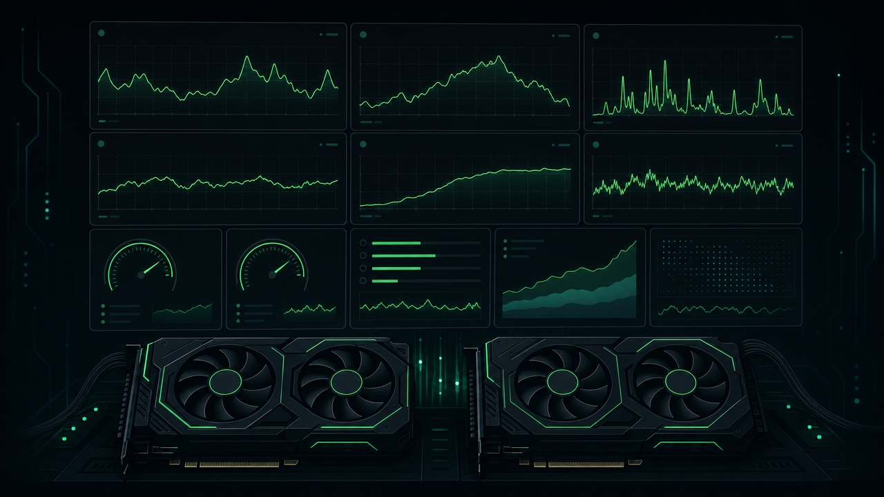 A dark dashboard grid glowing over two graphics cards
